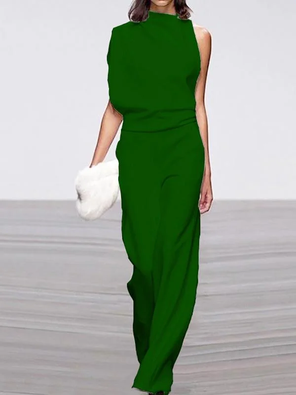 Solid color one-shoulder pile collar jumpsuit