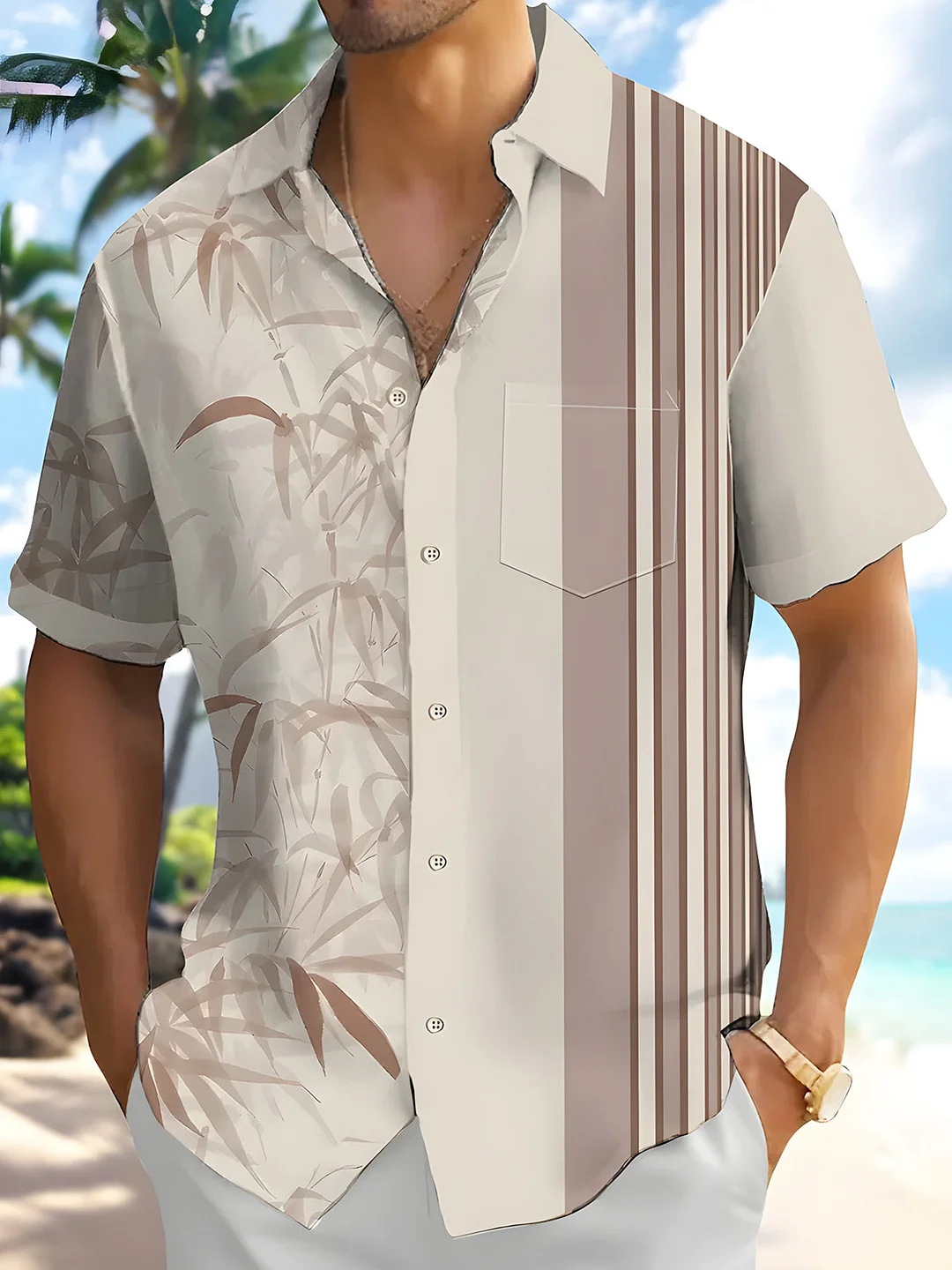 Stripes Bamboo Print Men's Pocket Short Sleeve Shirts