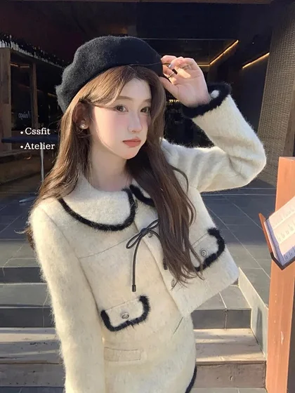 Jackets Korean Peter Pan Collar Single Breasted Long Sleeve Elegant Sweet Contrast Color Outerwear Women Y2k Short Coats