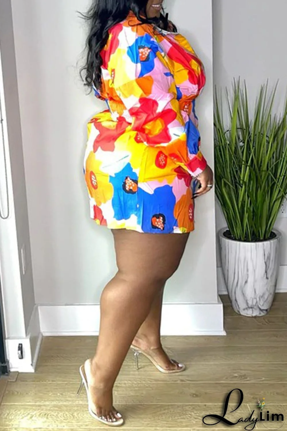 Multicolor Fashion Casual Print Basic Turndown Collar Long Sleeve Plus Size Dresses