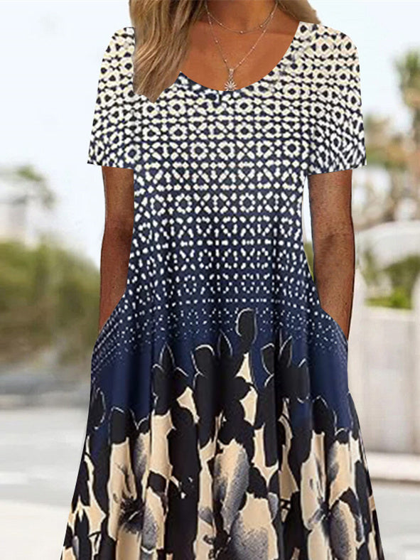 Women's Short Sleeve Scoop Neck Graphic Floral Printed Midi Dress