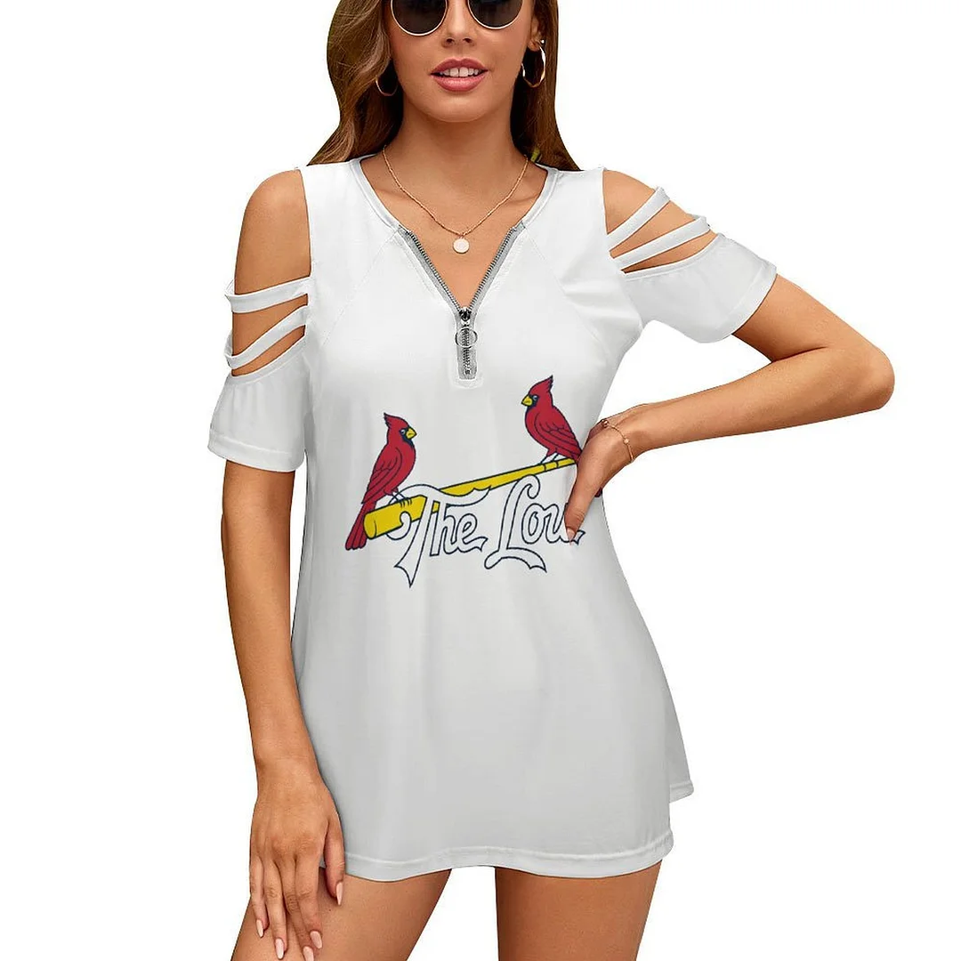 Shoulder Off V-neck Zipper Front Short Sleeve Casual T-shirt for Women Printed with Pattern,Red,Dark Blue,White