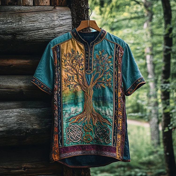 Men's Tribal Ethnic Tree Of Life Patchwork Gradient Shirt
