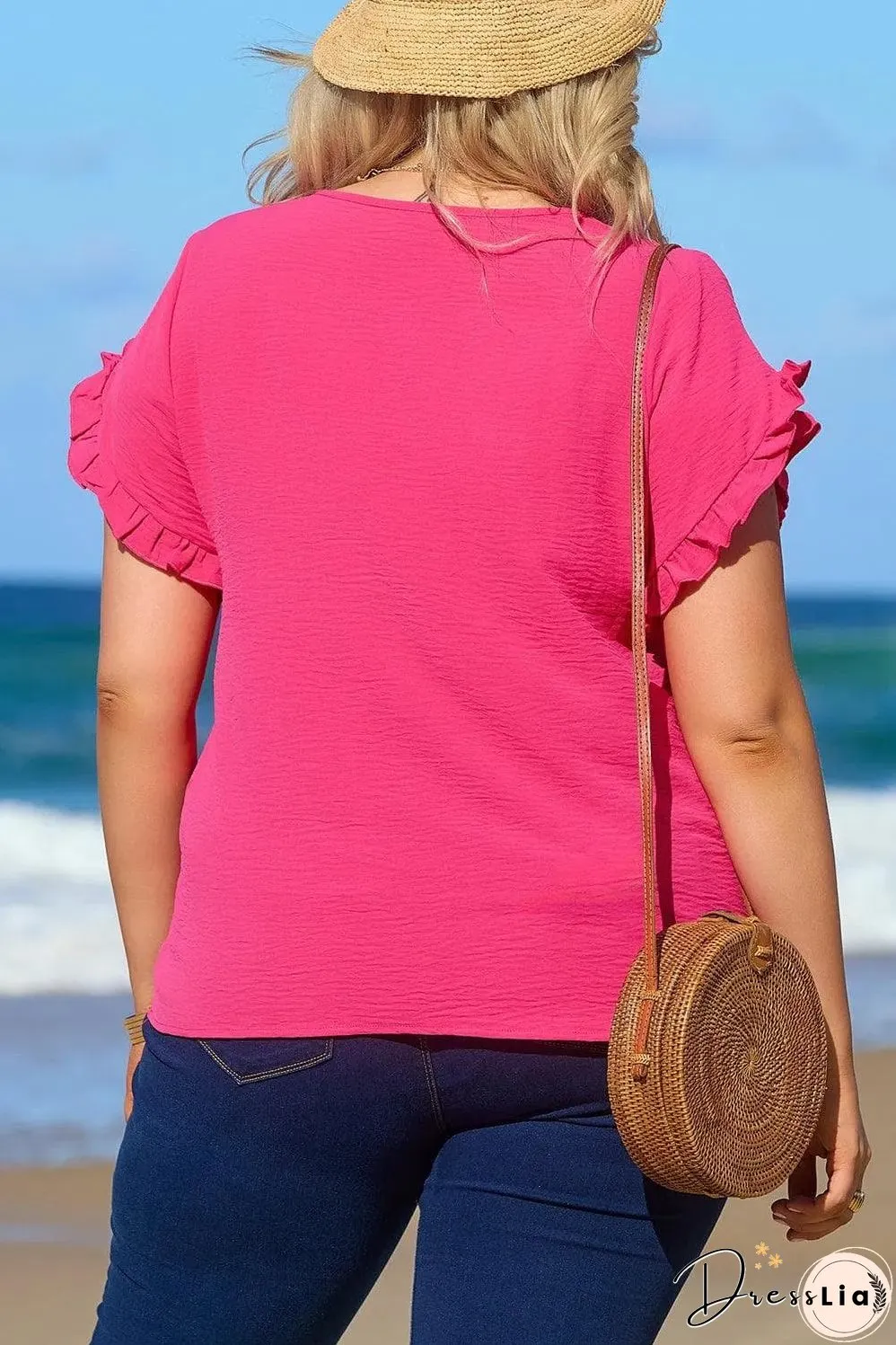 Bright Pink Ruffled Short Sleeve Plus Size Top