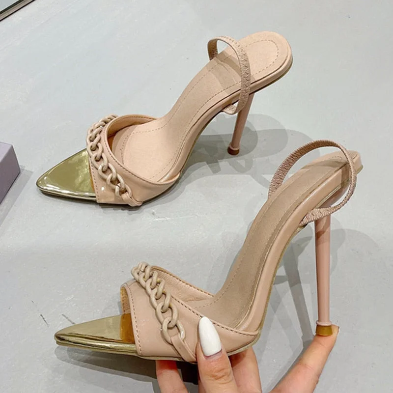 2022 New Summer 11CM Gladiator Sandals Women Black Red Chain Designer High Heels Sexy Pointed Toe Back Strap Party Dress Shoes