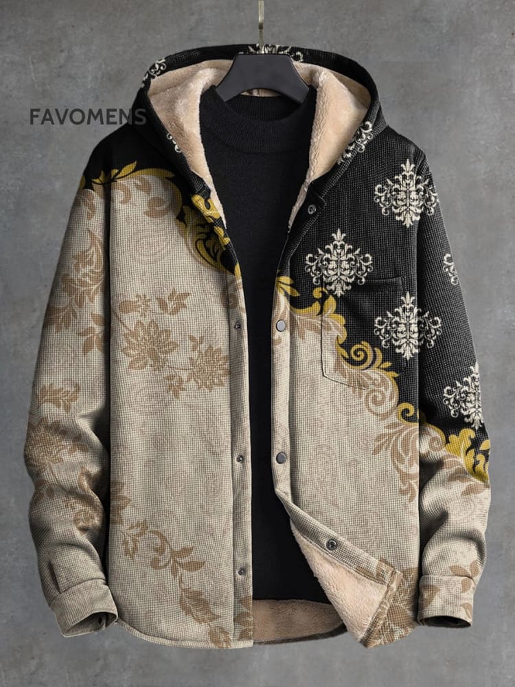 Retro Gothic Pattern Stitching Print Waffle Plush Thickened Long Sleeve Hooded Jacket Multicolor / S