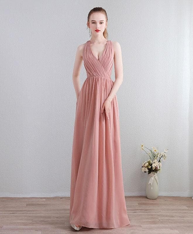 Dusty Pink Chiffon Lace Long Prom Dress