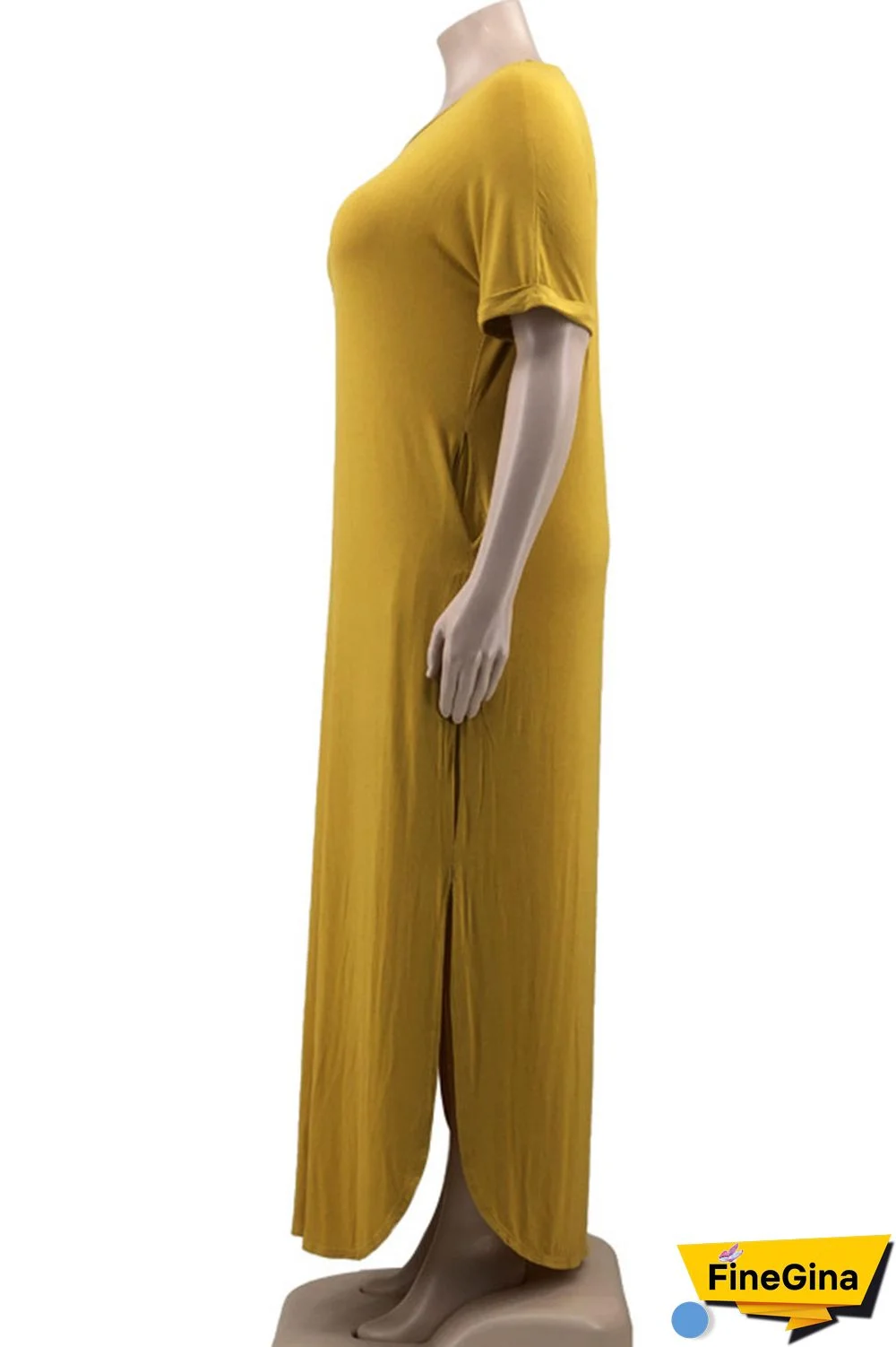 Yellow Casual Solid Patchwork Slit V Neck Straight Plus Size Dresses