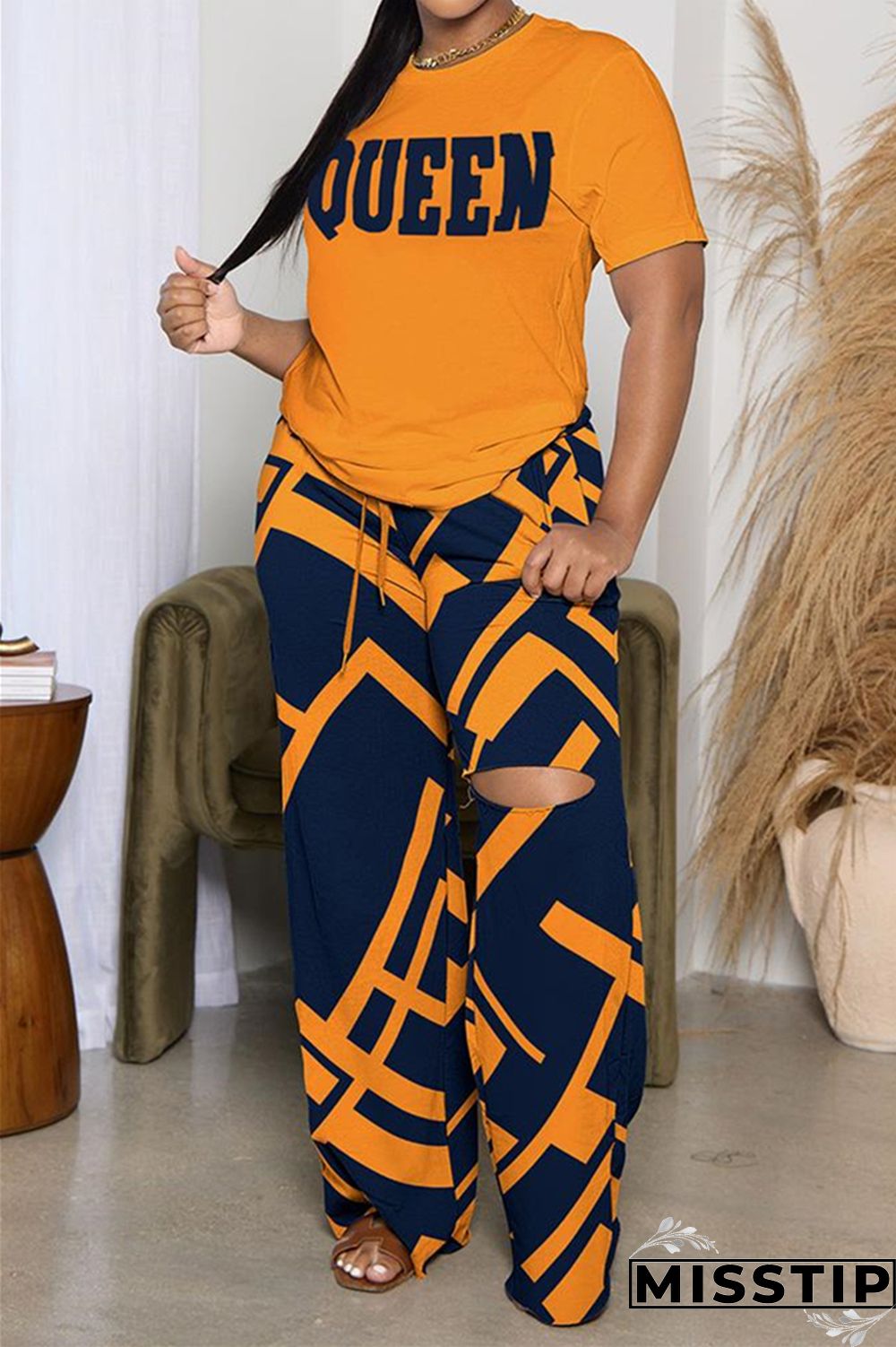 Orange Casual Basis Print Ripped Basic Printing Contrast O Neck Short Sleeve Two Pieces