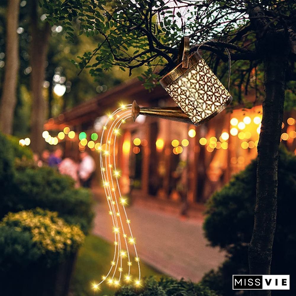 Retro Solar Watering Can Sprinkles LED Light Fairy Metal Wrought Iron Hollow Out Lamp