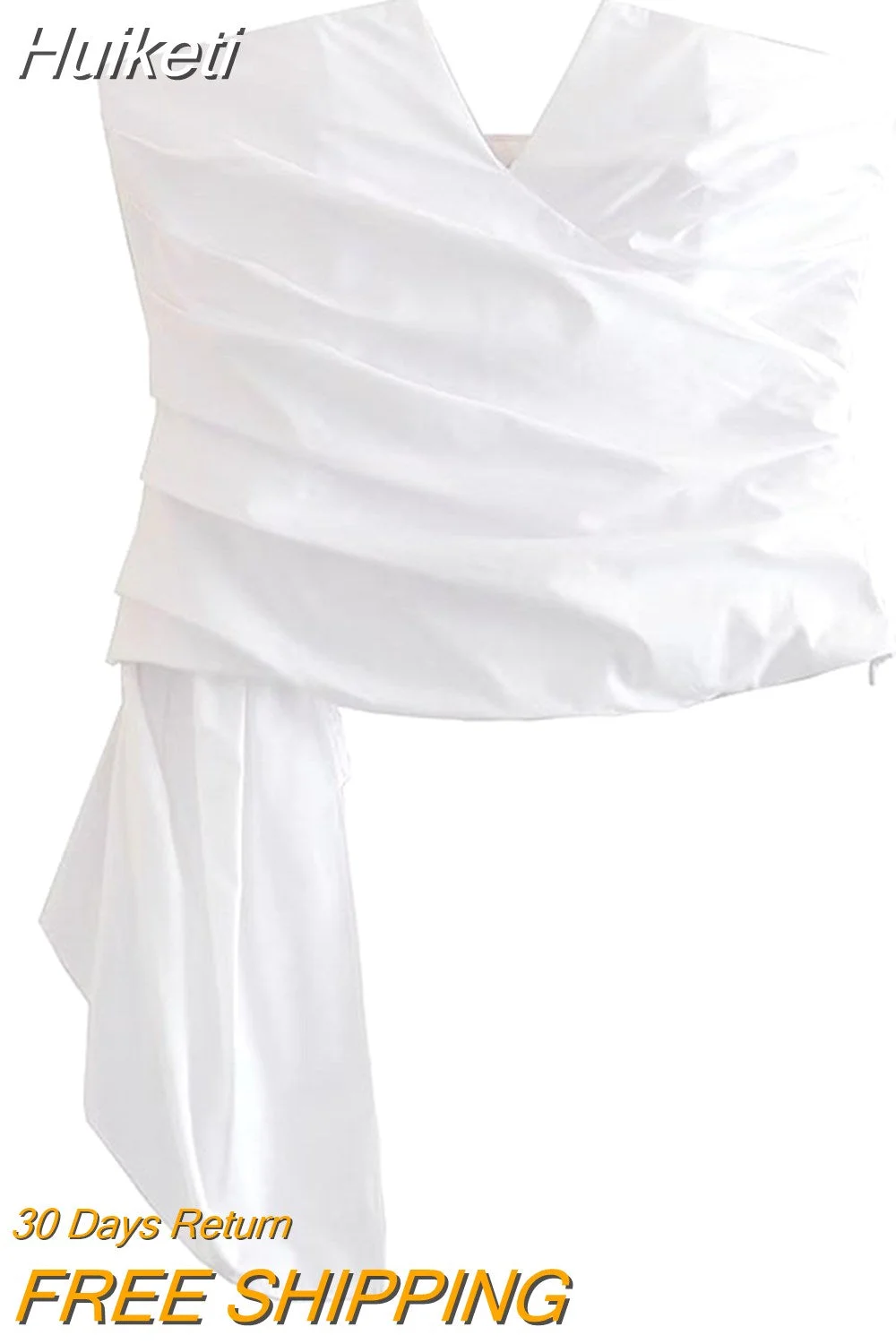 Huiketi Woman Fashion Summer Tops White Bare Chest And Sleeveless Tops Folds Pullover Zipper Crop Shirt Female High Street Blouse