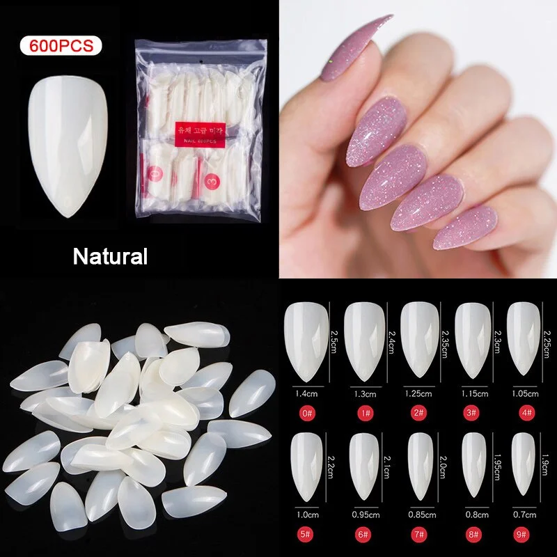 600PCS Per Pack Short Stiletto False Nail Tips Almond Shape Fake Nails Art 10 Sizes Acrylic Artificial Press On Nails Salon Tips