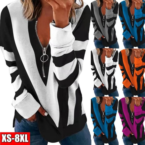Women's Fashion Temperament Chest Zipper V-neck Stripe Printed Long Sleeve T-shirt Loose Casual Tops Blouses Pullover Plus Size XS-8XL - Shop Trendy Women's Fashion | TeeYours