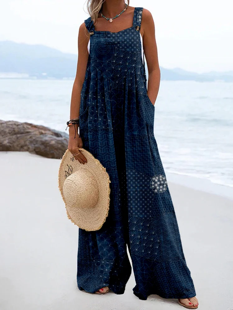 Japanese Traditional Sashiko Art Linen Blend Jumpsuit