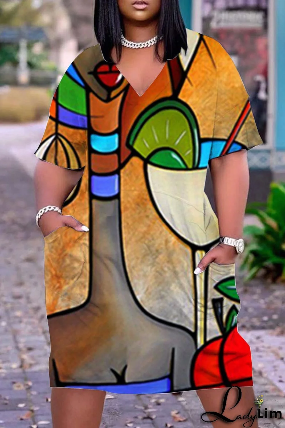 Black Casual Print Patchwork V Neck Straight Dresses