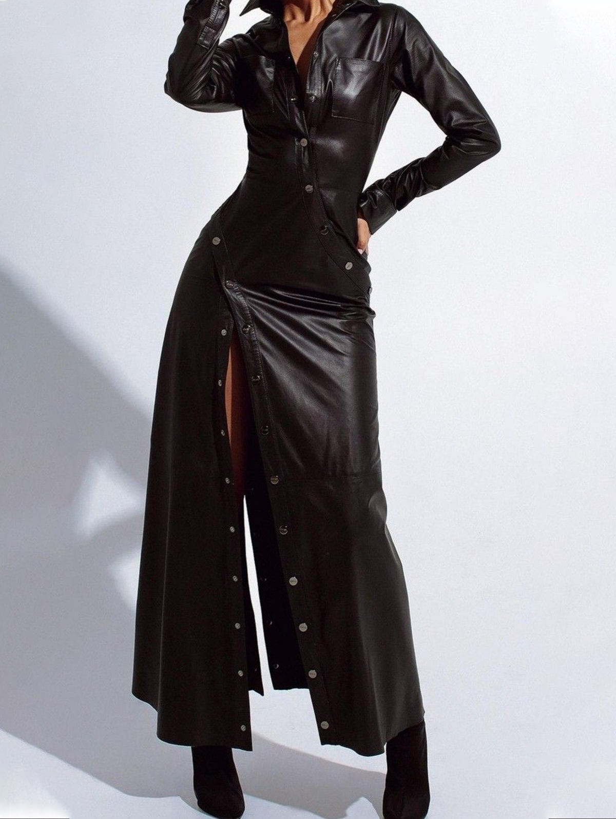 Casual PU Leather Shirt Collar Long Sleeve Button Maxi Dress