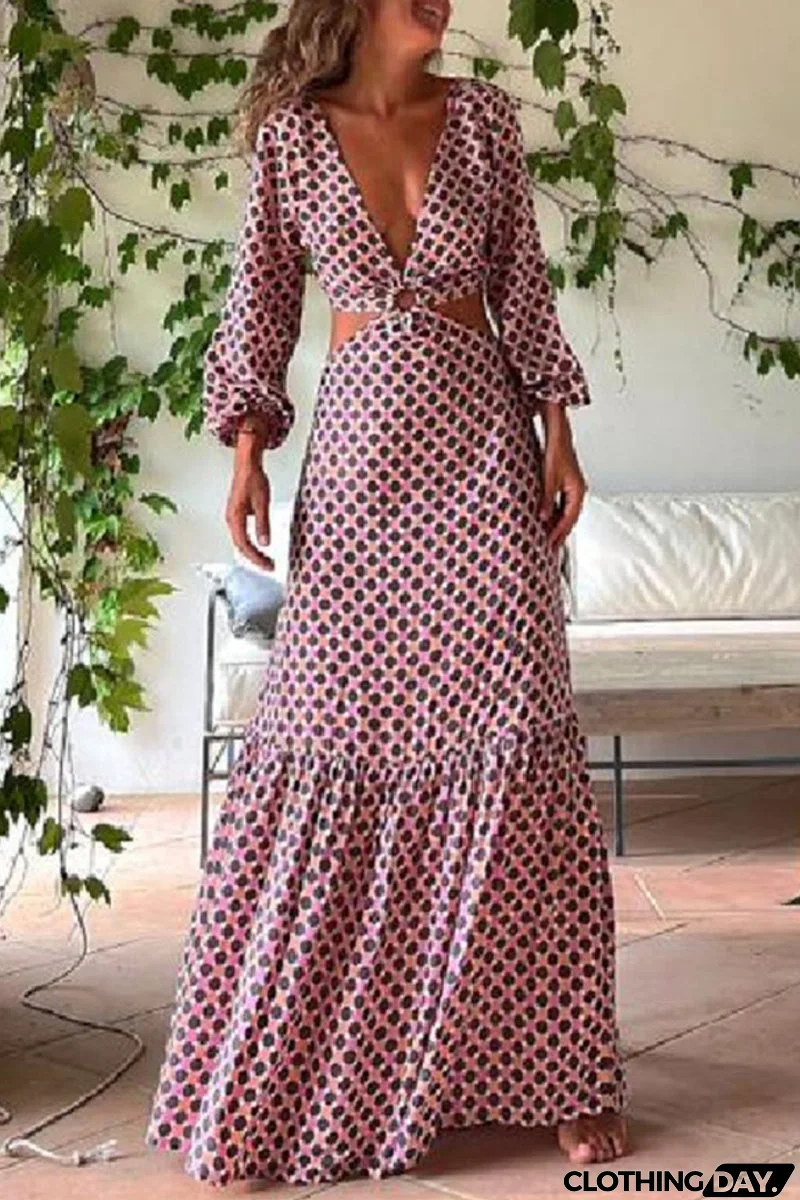 Sexy Geometric Print Asymmetrical V Neck Printed Dress Dresses