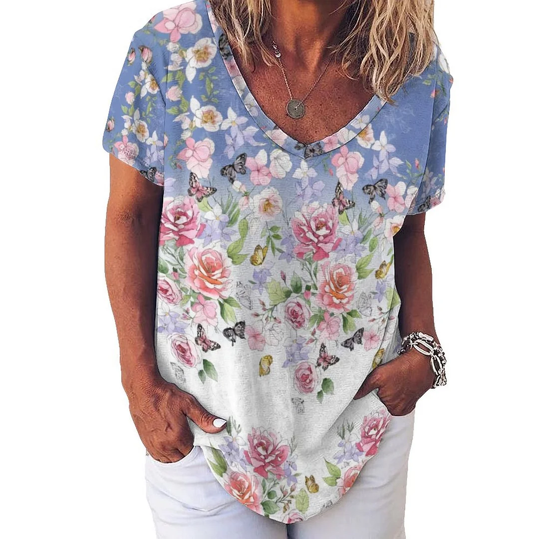 V-neck Short Sleeve Casual T-shirt for  Women Printed with Pattern Floral, Blue, Pink