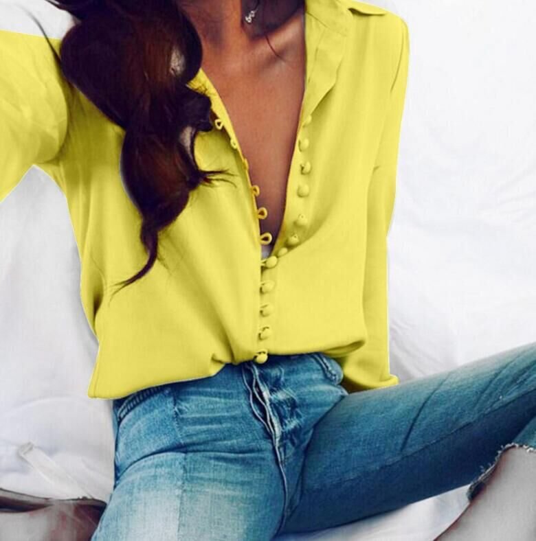 Fashion Casual Solid Color ladies office Tops Sexy Buttons Long sleeve Blouse 2020new Spring plus size Women Chiffon white Shirt