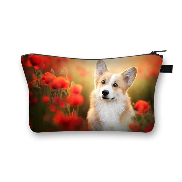 Dog in red flower Printed Hand Hold Travel Storage Cosmetic Toiletry Bag