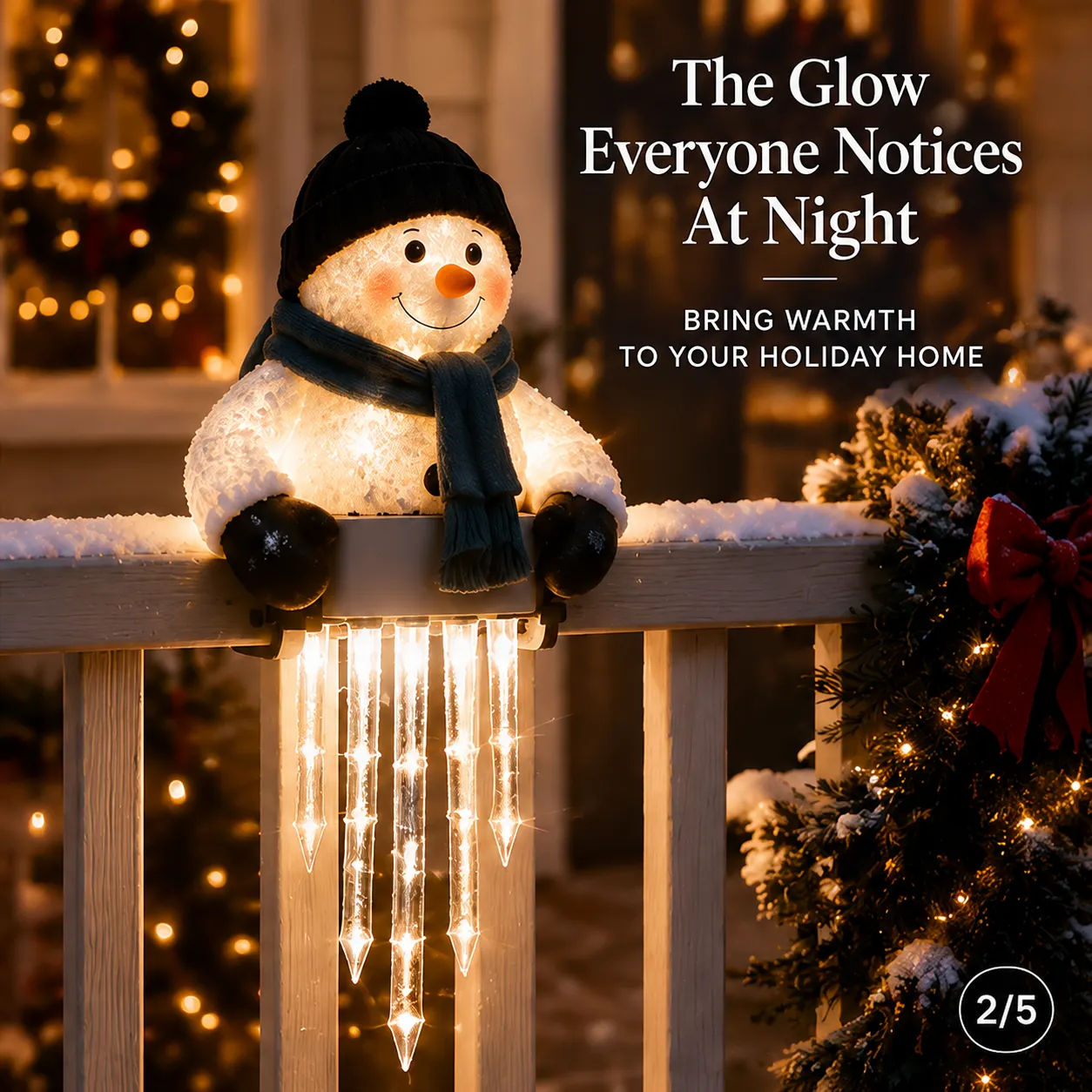 Glowing snowman icicle light decor at night
