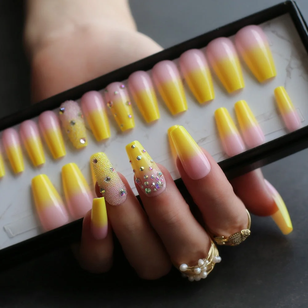 Lemon Yellow French ombre coffin shiny gel fake nails Rhinestone glossy Ballet nails false nail crystal art design caviar match-Nail Inspo