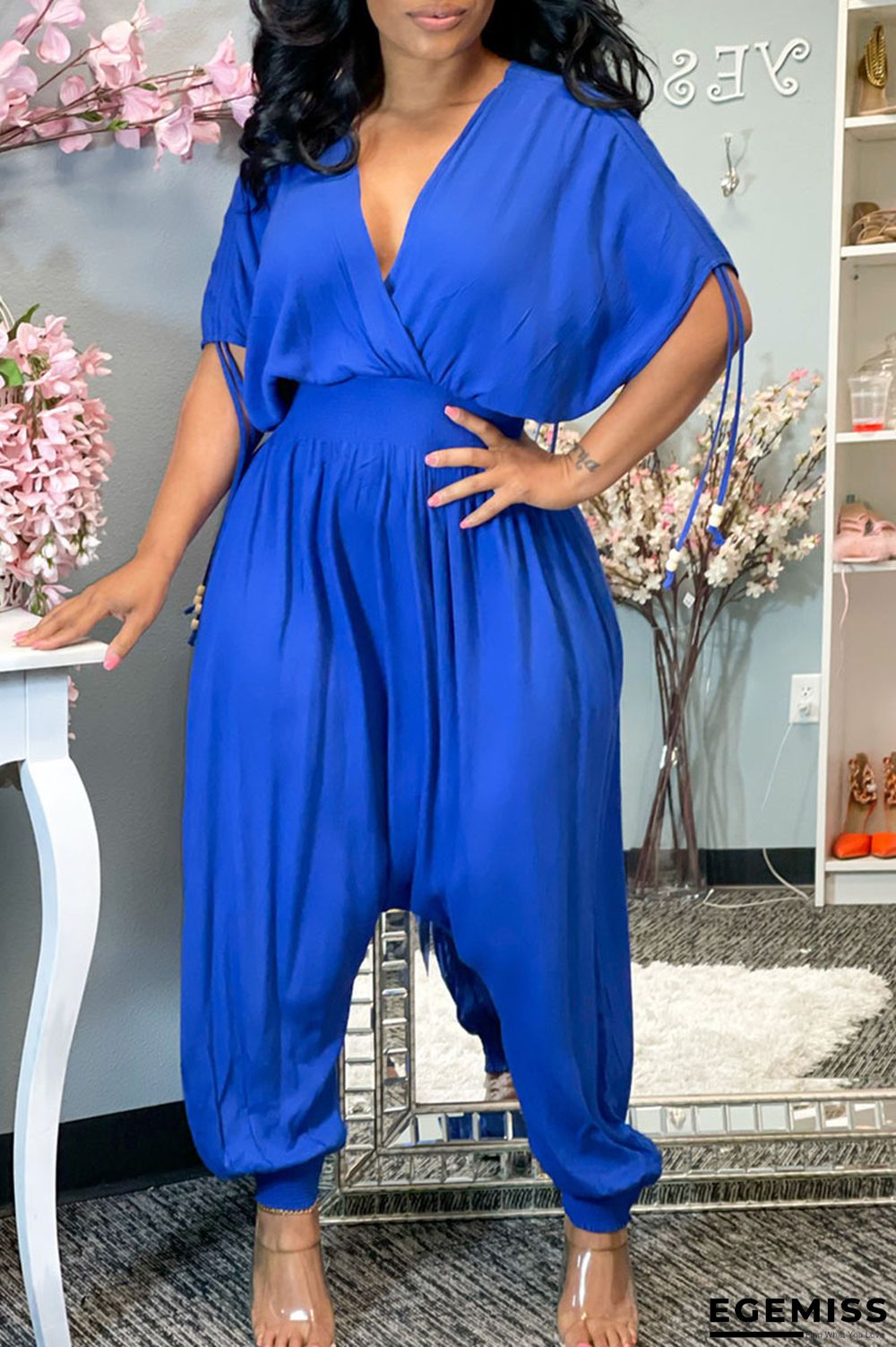 Blue Casual Solid Patchwork Frenulum V Neck Loose Jumpsuits | EGEMISS