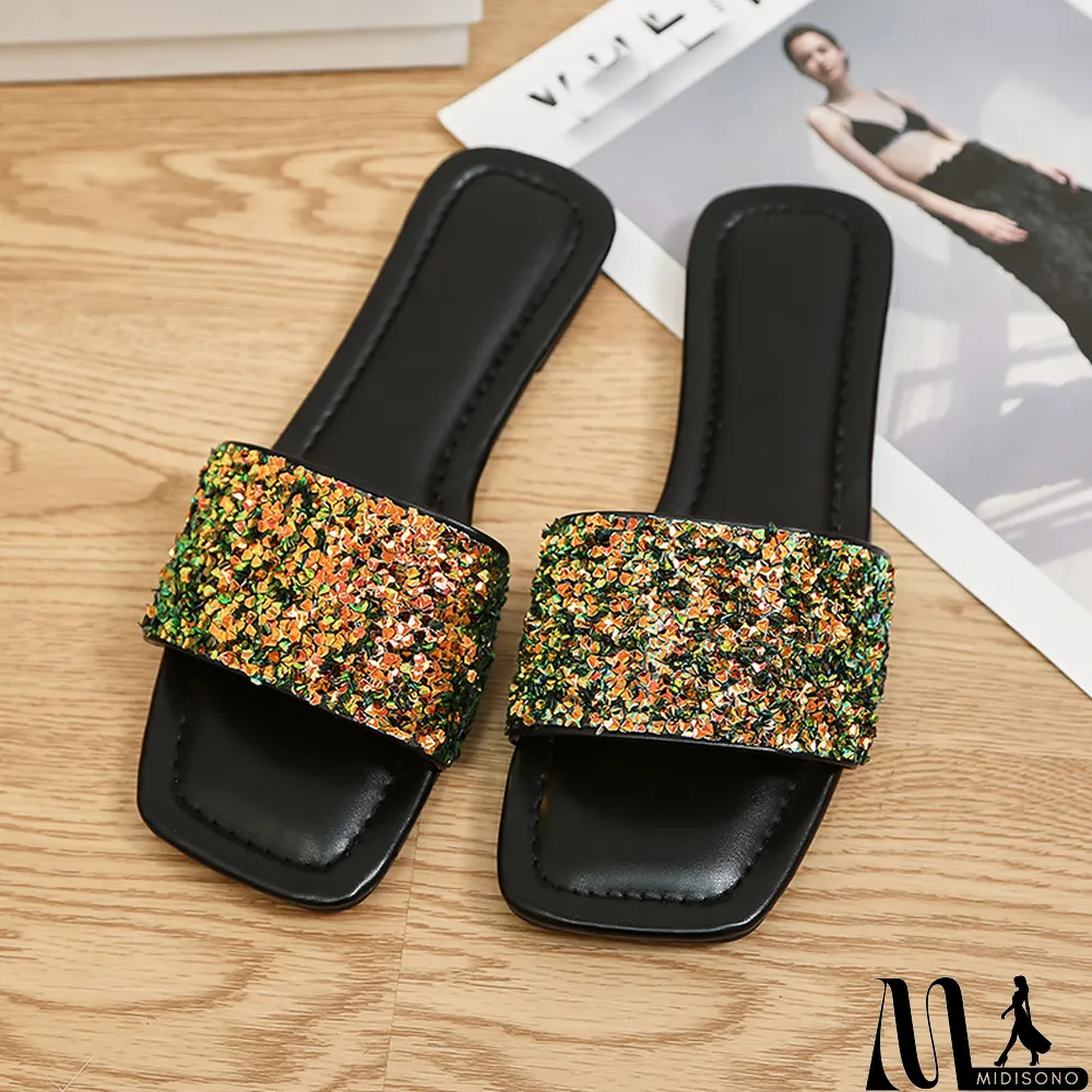 MidiSono - Plus Size Soft Sole Slippers Women Summer Outdoor Wear Flat Sequined Flip Flop Square Toe Flat Sandals and Slippers