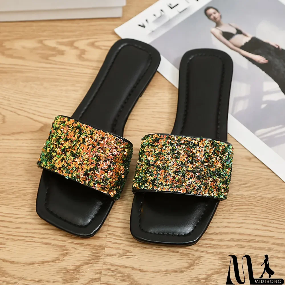 MidiSono - Plus Size Soft Sole Slippers Women Summer Outdoor Wear Flat Sequined Flip Flop Square Toe Flat Sandals and Slippers