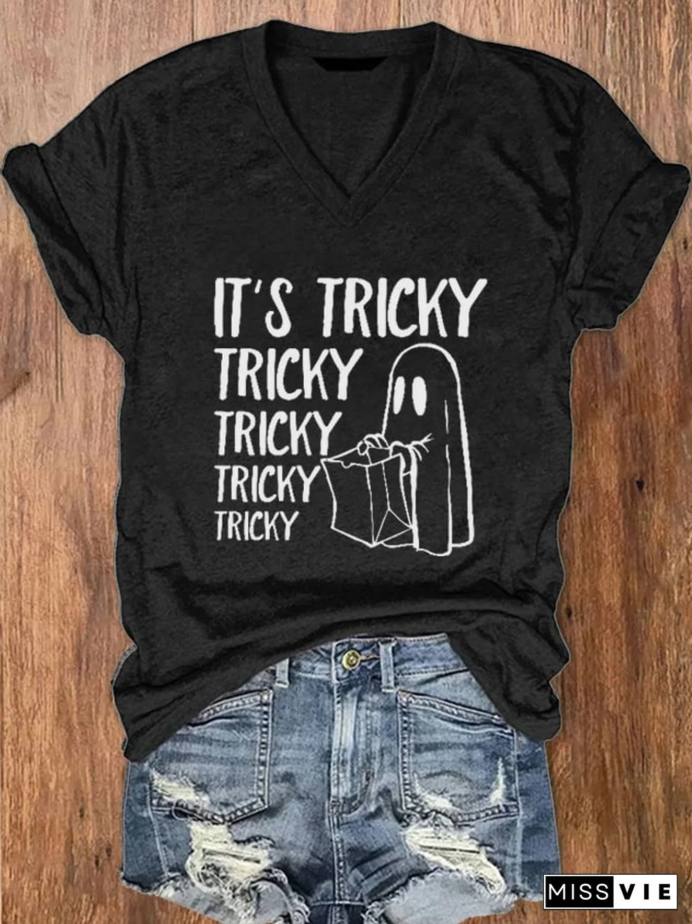 Women's It's Tricky Funny Halloween Print V-Neck T-Shirt