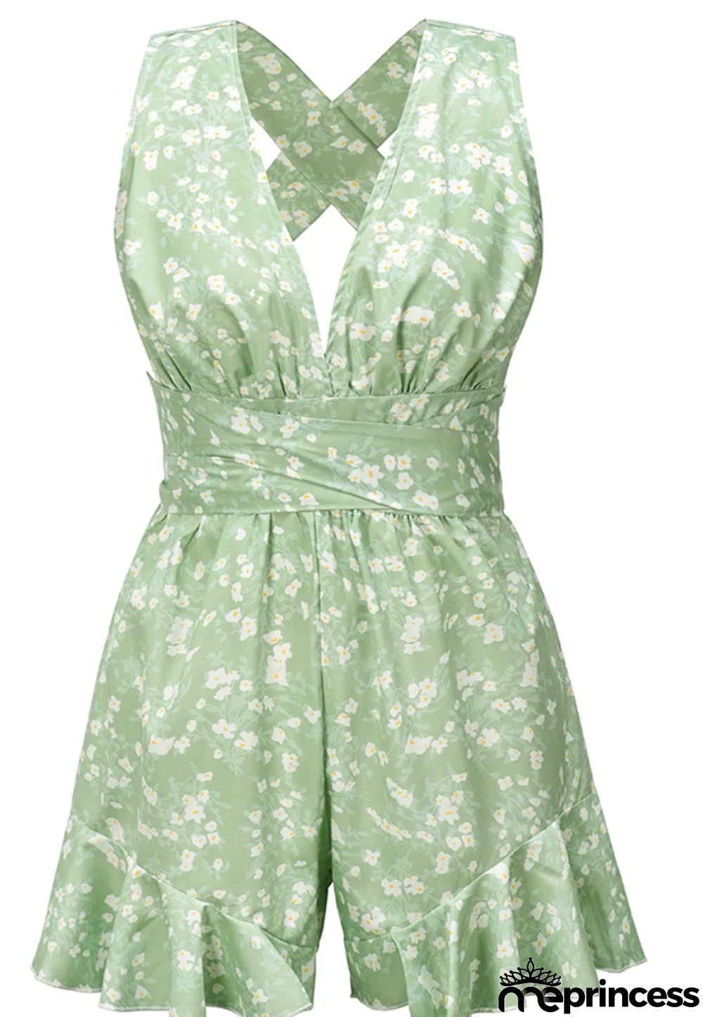 Summer Casual Floral Green Deep-V Sleeveless Ruffles Rompers
