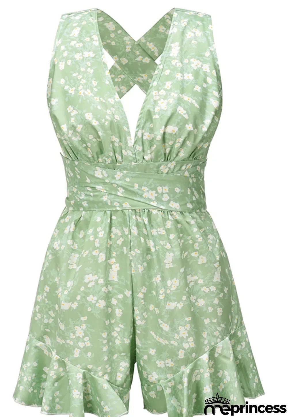 Summer Casual Floral Green Deep-V Sleeveless Ruffles Rompers