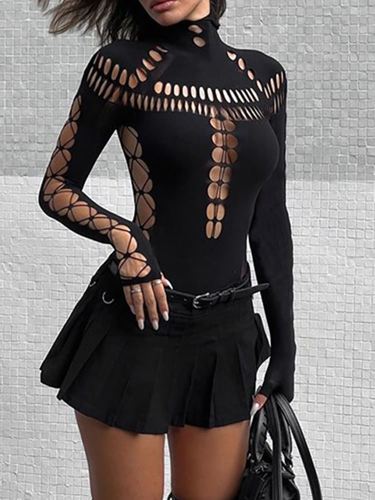 Cyber Y2k Punk Sexy Hollow Out Bodysuits Gothic Techwear Black Turtleneck Bodycon T-shirts Moto Long Sleeve Streetwear LANFUBEISI