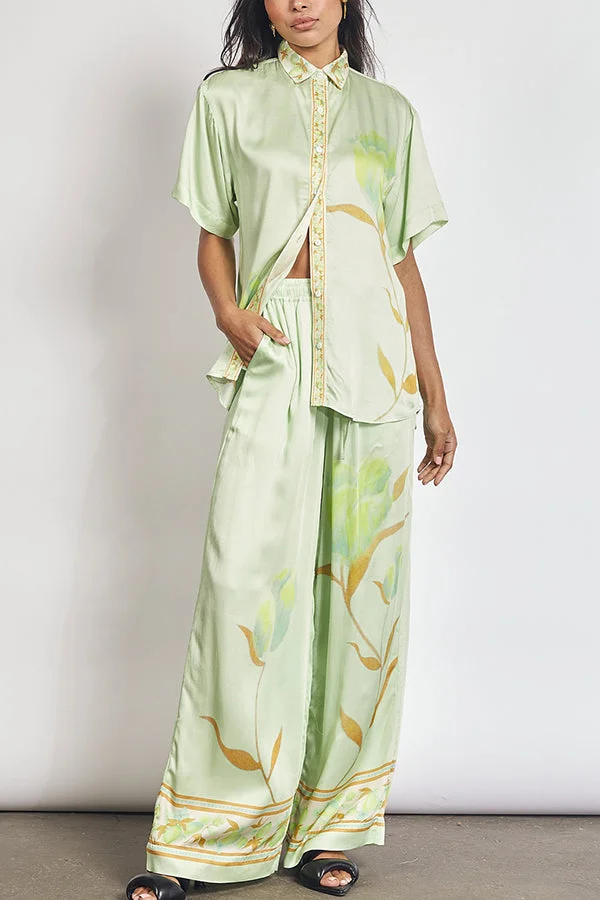 Niah Satin Tulip Print Lapel Short Sleeve Shirt and Elastic Waist Tie Pocket Wide Leg Pants Set