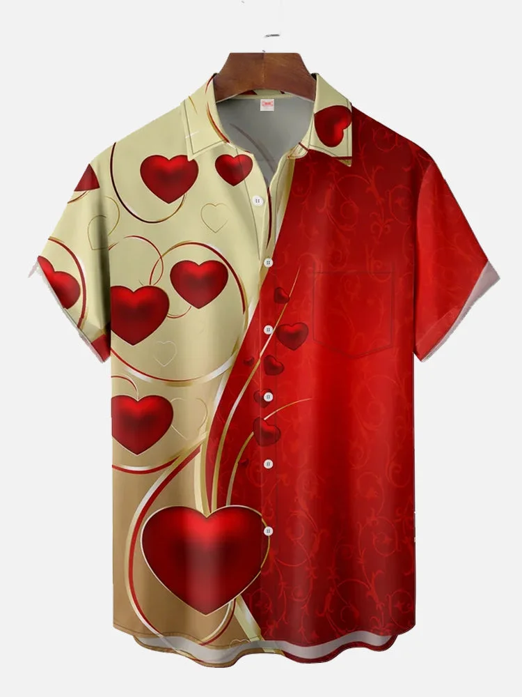 Valentine's Day Golden And Red Curve Stitching Heart Patterned Printing Short Sleeve Shirt