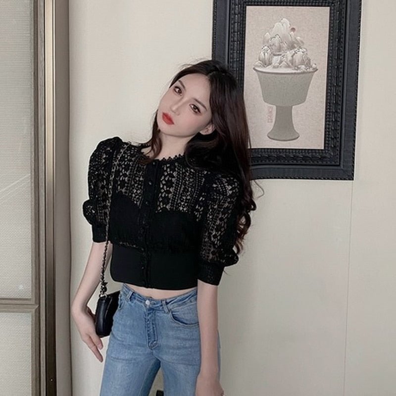 Summer Blouse Women Korean Hollow Out Lace White Women Shirt 2021 New Short Sleeve Button Loose Shirts Solid Female Tops 13607