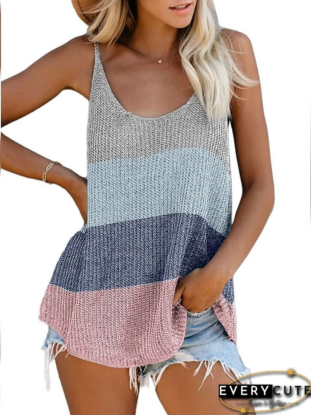 Women's Tank Top Color Block Round Neck Tops Cotton Basic Top White Blue Blushing Pink
