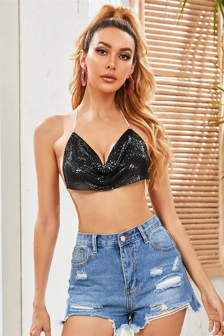 Party Metallic Sequin Cami Tops-Rose Gold