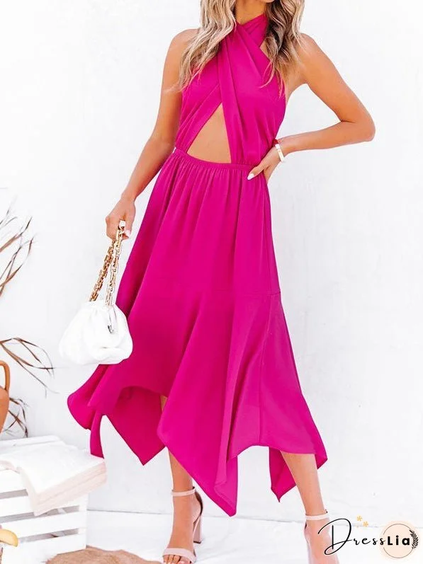 Dresses Solid Cross Halter Hollow Sleeveless Dress for Women