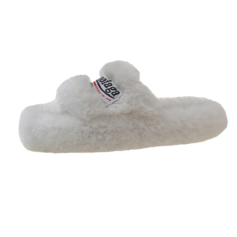 Yyvonne Slippers Women Wear 2025 New Letter Embroidered Thick Bottom Lamb Hair Autumn Winter Flat Letter Slippers