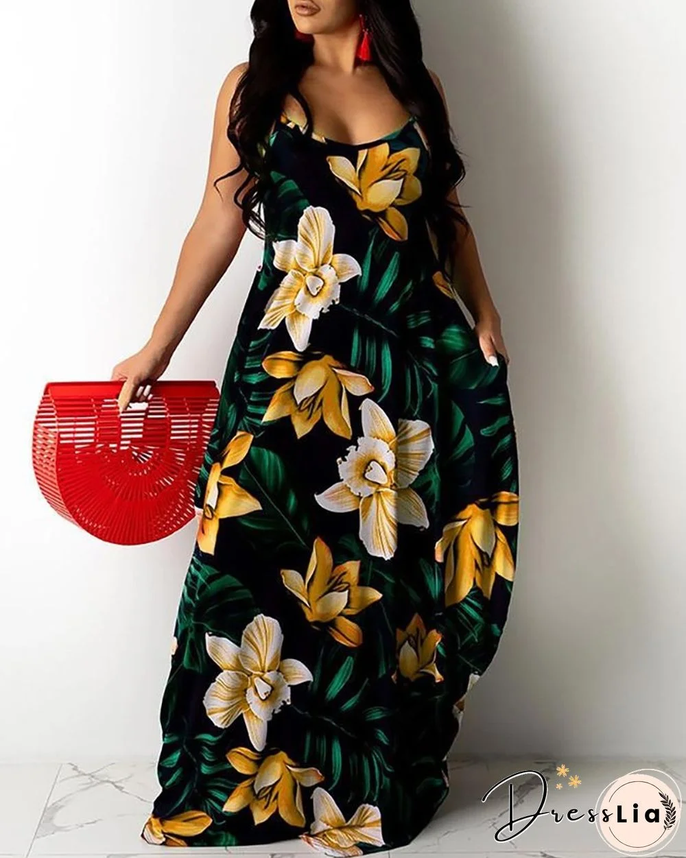 Floral Leaf Print Spaghetti Strap Maxi Dress