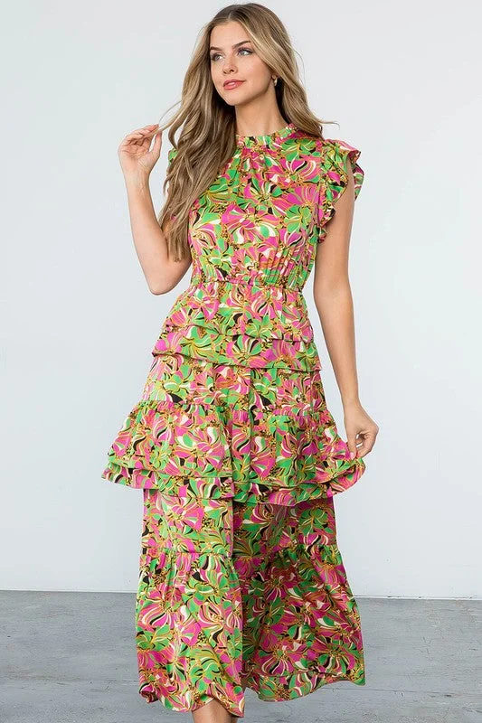 Ruffled Tiered Floral Print Maxi Dress