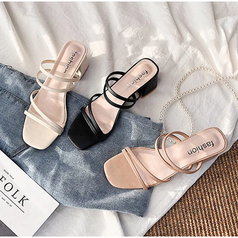 Women Sandals Ladies Square Heels Elegant Summer Slippers Outside Cross Tied Leather Female Slides 2022 Fashion Woman Sandals