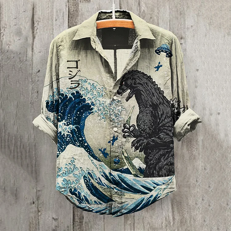 The Great Waves And Godzilla Japanese Art Art Linen Blend Long Sleeve Shirt