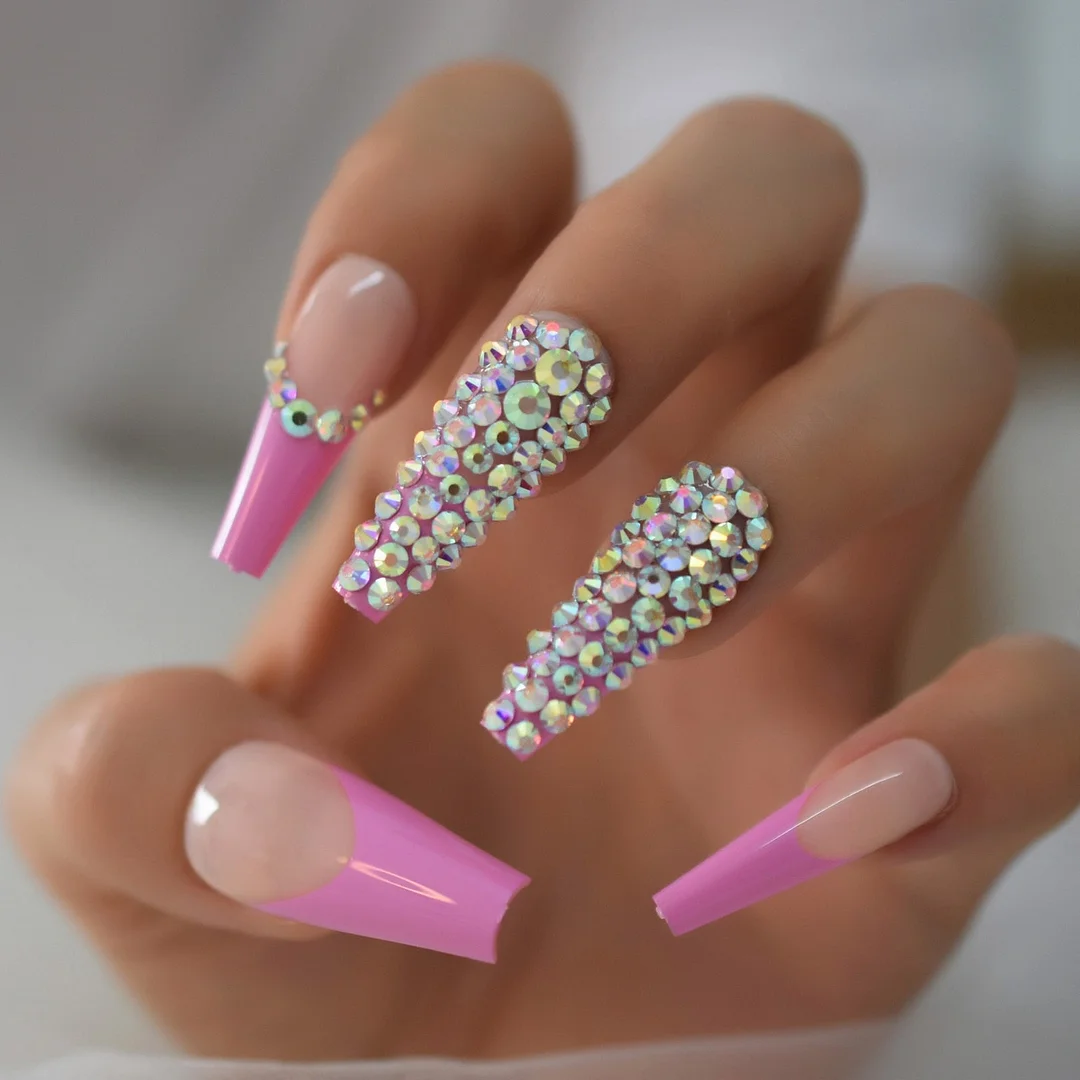 Rhinestones Nail Press Ons Extra Long Coffin 3d Designed Fake Nails Jewel Luxury Rosy Nude Royalty False Nail Tips-Nail Inspo