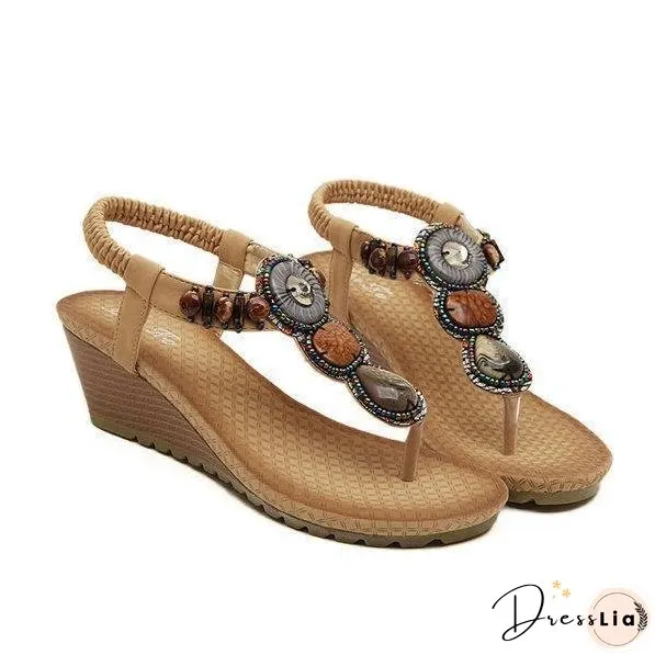 Bohemian Bead Clip Toe Elastic Wedge Heel Beach Flip Flops Sandals