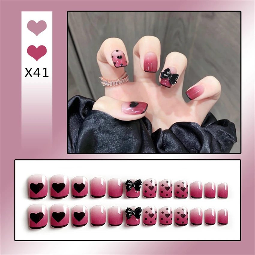 Bayuyun 24Pcs/Set Coffee Leopard French Fake Nails with Diamonds Japan Korean Artificial Acrylic Press on Nails Removable Stick on Nails