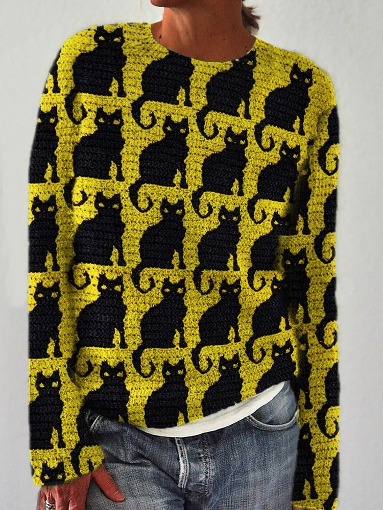 🔥kukelife🔥Black Cats Knit Pattern Cozy Sweater