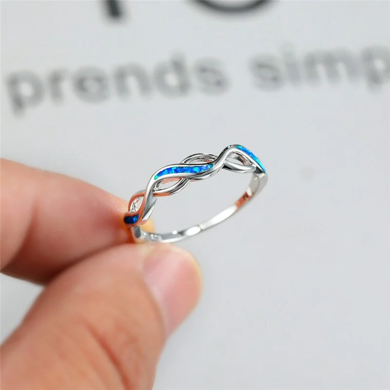 Boho Female Blue White Opal Ring Classic Silver Color Thin Wedding Earrings Vintage Hollow Geometry Engagement Rings For Women