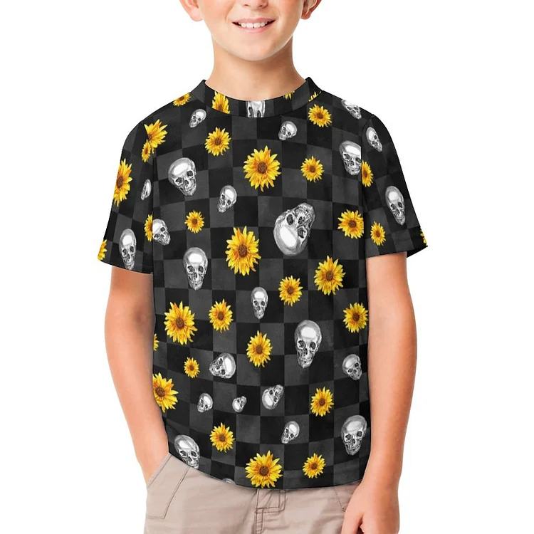 Yellow Gray Skulls Sunflowers Gingham Checked Boys Girls Summer Tshirt 3D Print Youth T-Shirt Kids O Neck Tee Tops - Heather Prints Shirts